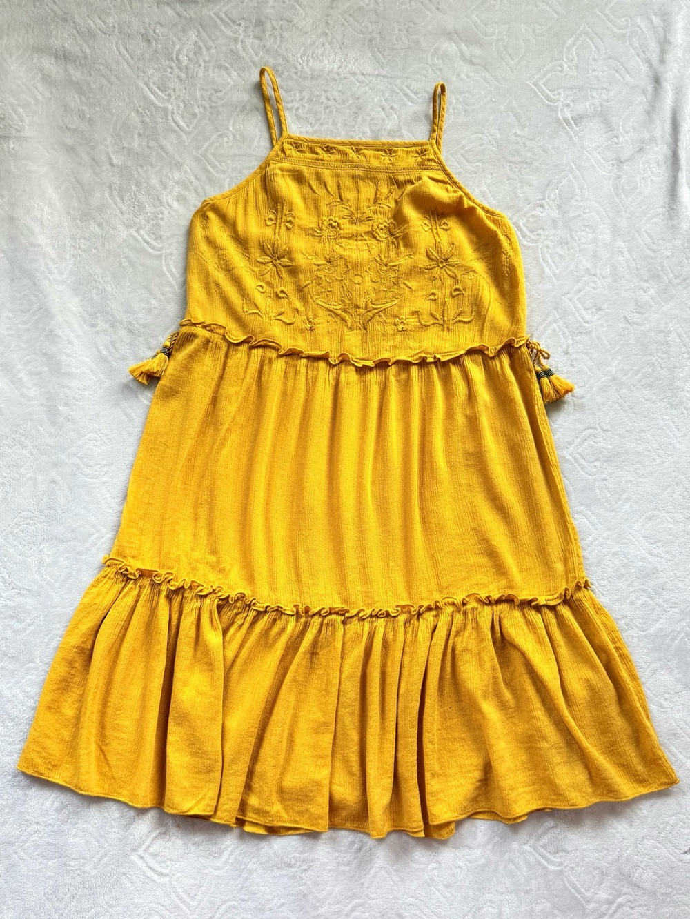 True Craft Yellow Embroidered Tiered Midi Dress